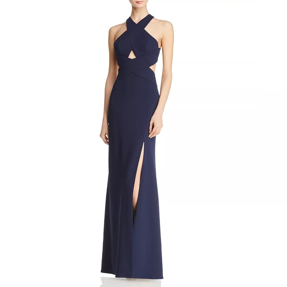 BCBGMAXAZRIA Bloomingdale's Crossover Cutout Gown Navy 4